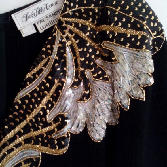 Vtg 80s Santana Knit beaded sequined Bodice Dress 12 - Picture 4 of 11